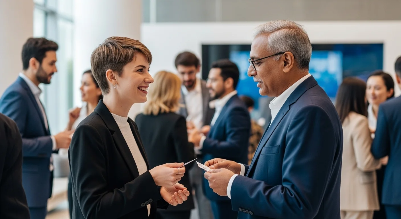 Asistentes a un evento de networking para emprendedores en 2024, intercambiando ideas y tarjetas de presentación en un ambiente profesional y enérgico.