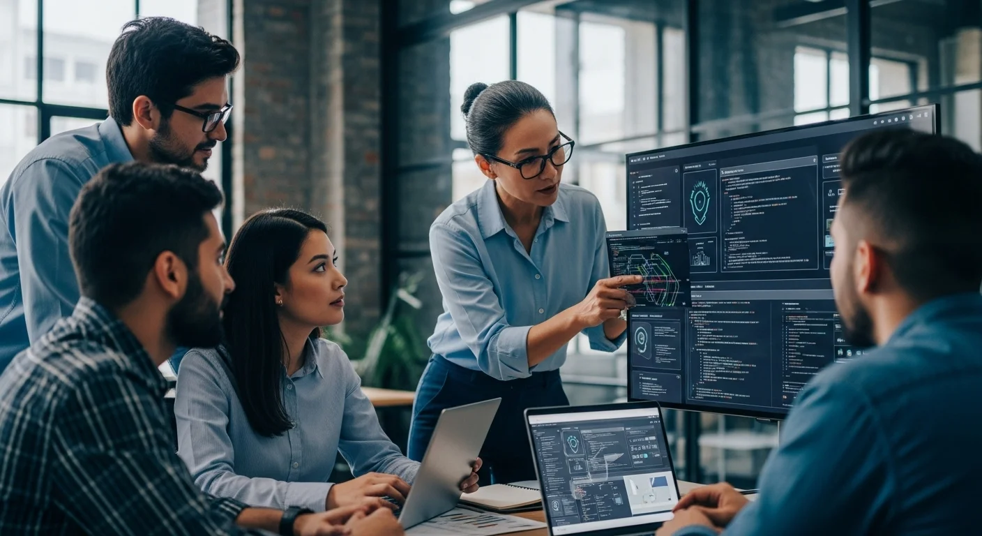 Un experto en ciberseguridad colaborando con un equipo de desarrollo de una startup en una oficina moderna en México, analizando código en un monitor con interfaces de seguridad.