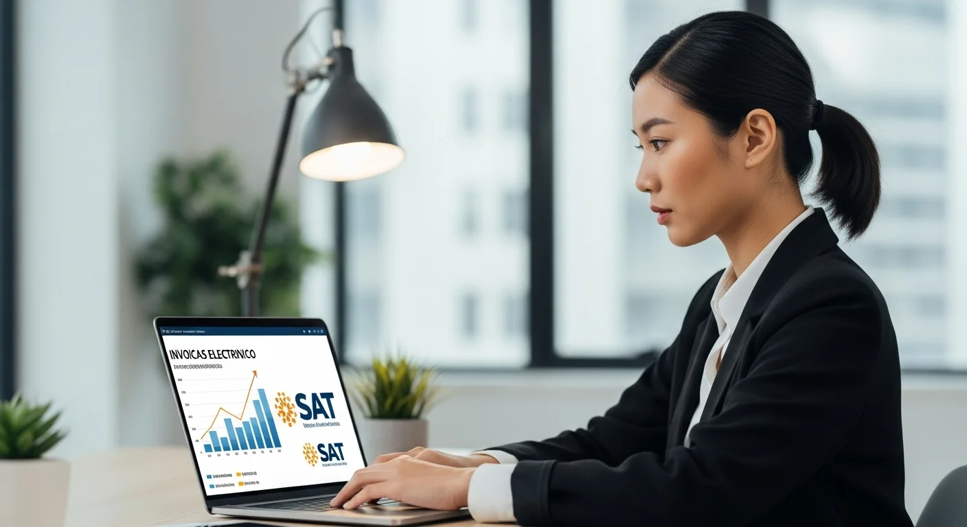 Una persona emprendedora utilizando una laptop para gestionar la facturacion electrónica de su startup, con gráficos de crecimiento y logos del SAT.