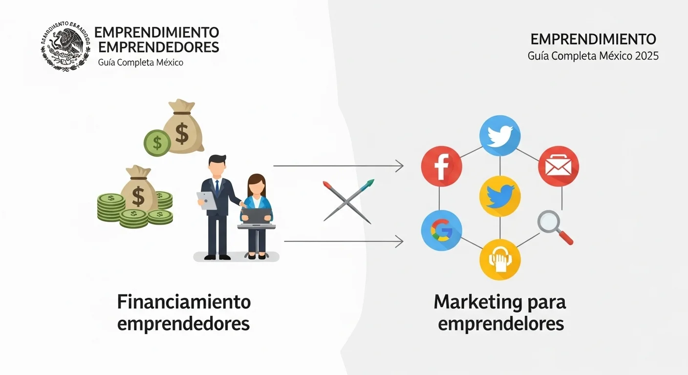 Diagrama conceptual que conecta financiamiento para emprendedores, con iconos de capital semilla e inversionistas, y marketing para emprendedores, con iconos de redes sociales y SEO.