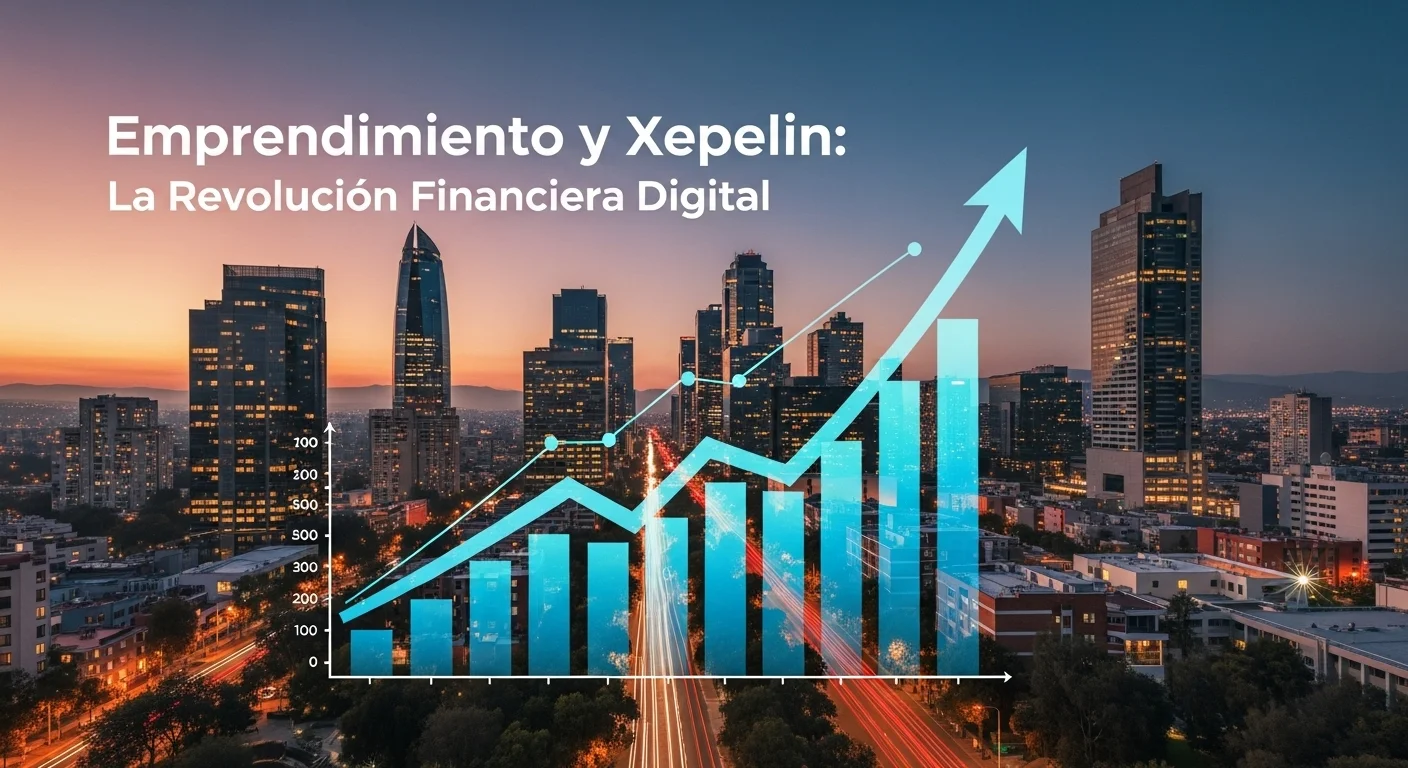 Gráfico ascendente superpuesto sobre una imagen de un paisaje urbano de la Ciudad de México, simbolizando el crecimiento de las startups con el apoyo financiero de Xepelin.