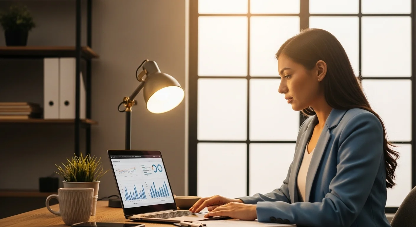 Emprendedor analizando gráficos financieros en una laptop, planificando la renta anual 2024 y la gestión fiscal de su startup.