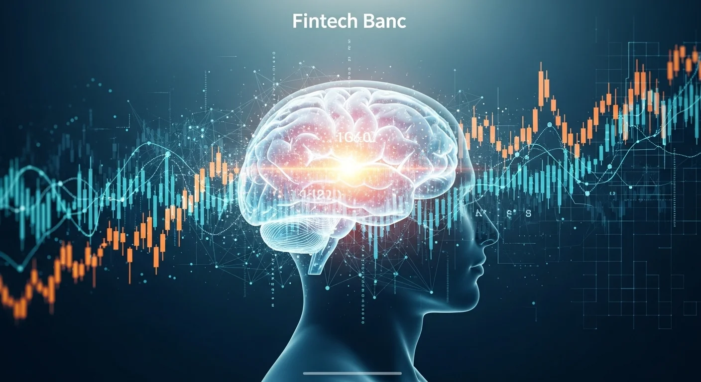 Una imagen conceptual que muestra la fusión de gráficos financieros digitales y un cerebro iluminado, simbolizando la innovación y el emprendimiento en el sector Fintech Banc.