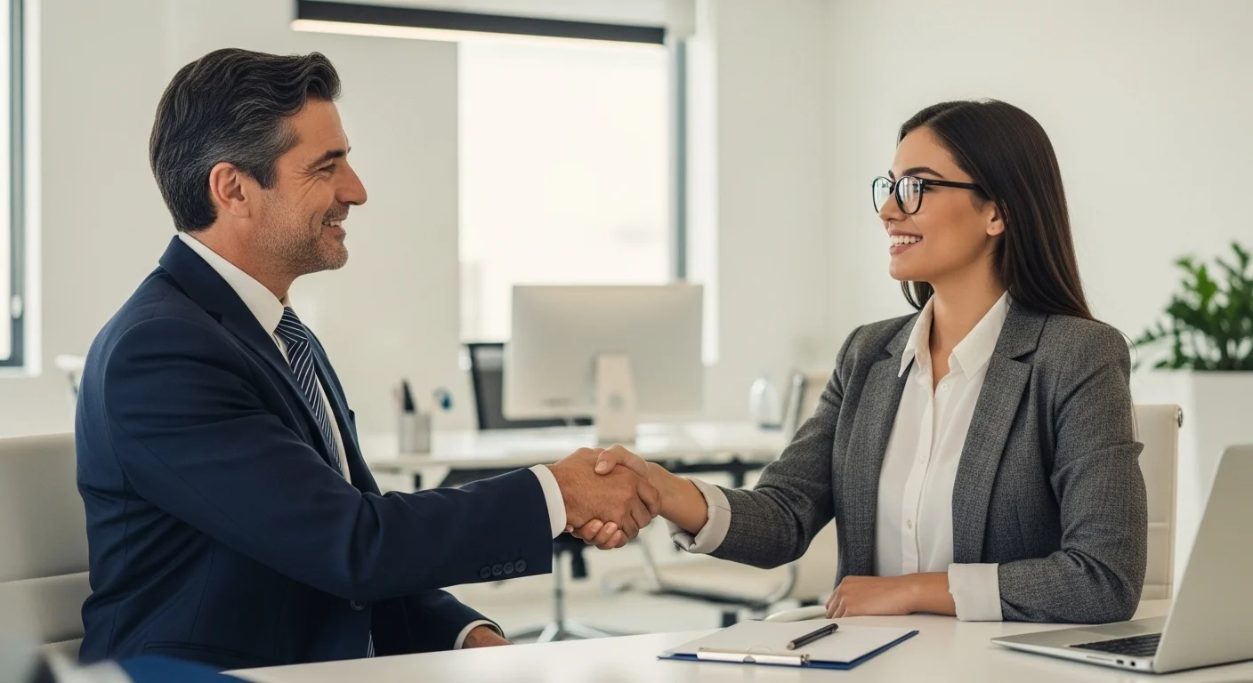 Un apretón de manos entre un ejecutivo de banco tradicional y el fundador de una startup fintech, simbolizando la colaboración y la transformación digital de la banca.