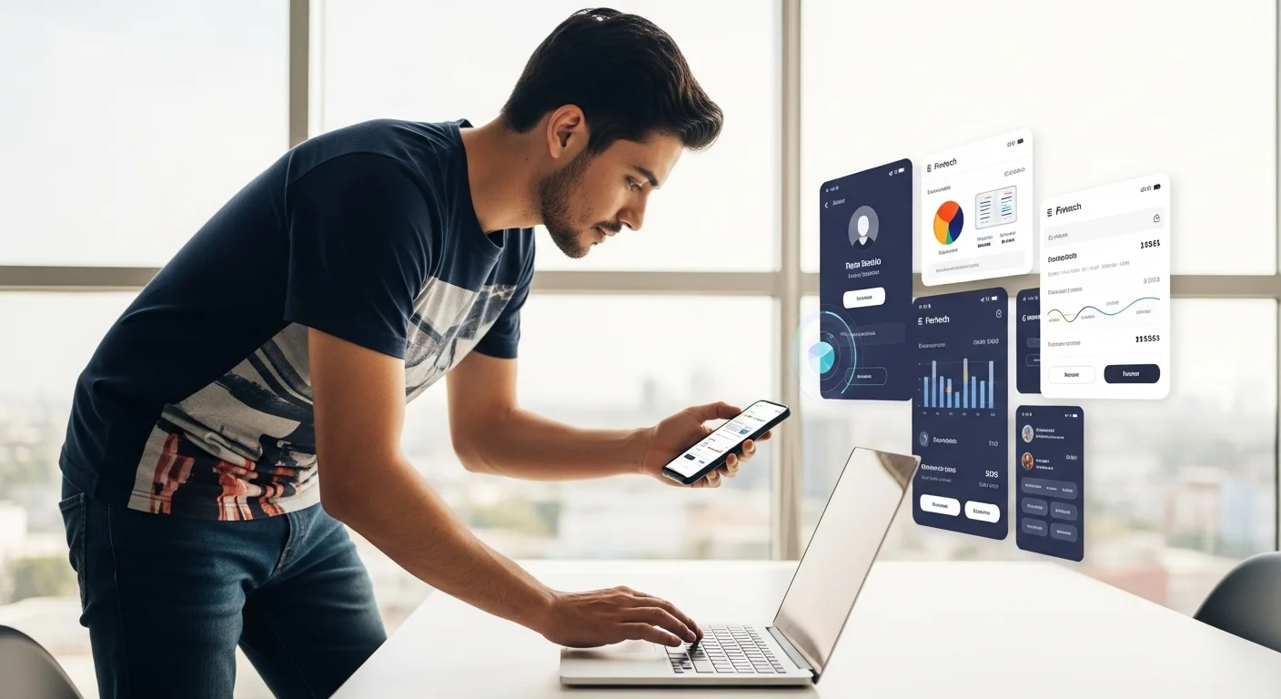 Emprendedor mexicano utilizando una laptop y un smartphone para gestionar las finanzas de su startup con diversas aplicaciones fintech.