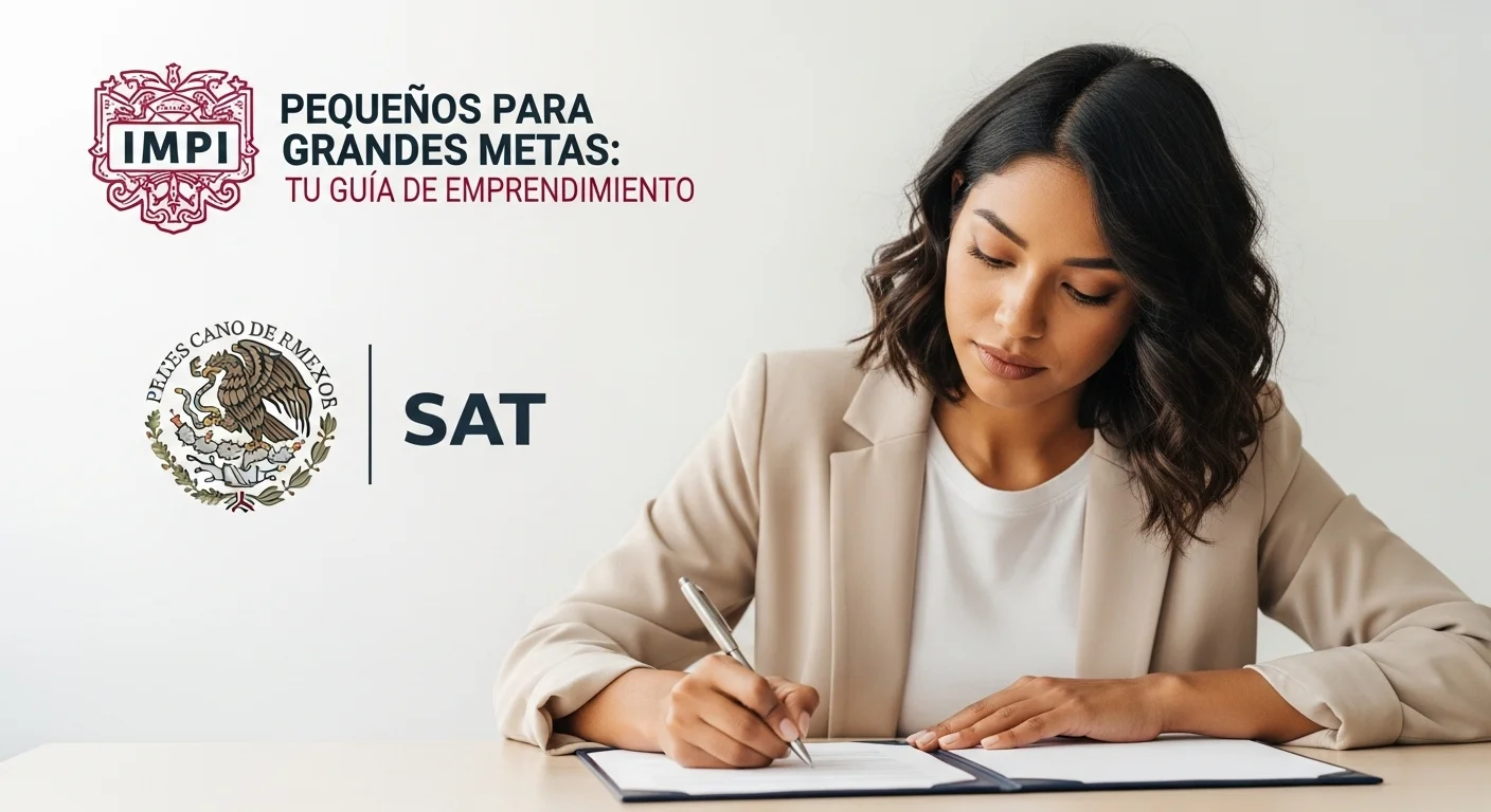 Una persona firmando documentos legales para la constitución de una empresa en México, con el logo del IMPI y del SAT de fondo.