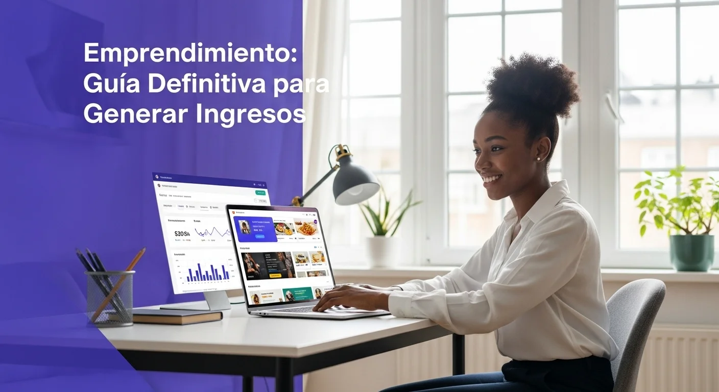 Una persona trabajando desde casa en su laptop, en la pantalla se ven gráficos y una tienda en línea, representando las formas de generar ingresos por internet.
