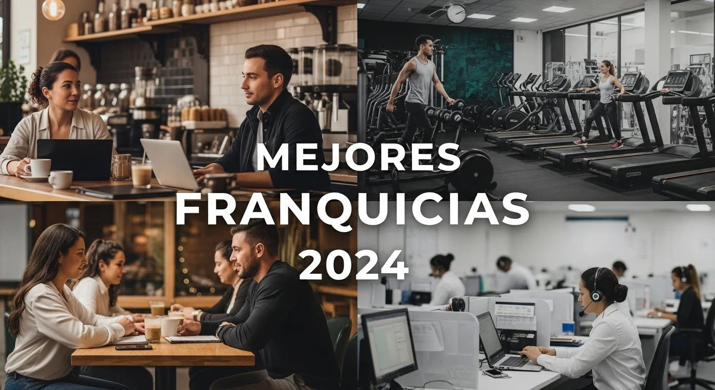 Montaje de imágenes que representa diferentes tipos de franquicias en México, como una cafetería, un gimnasio y un local de servicios, con texto superpuesto que dice 'Mejores Franquicias 2024'.