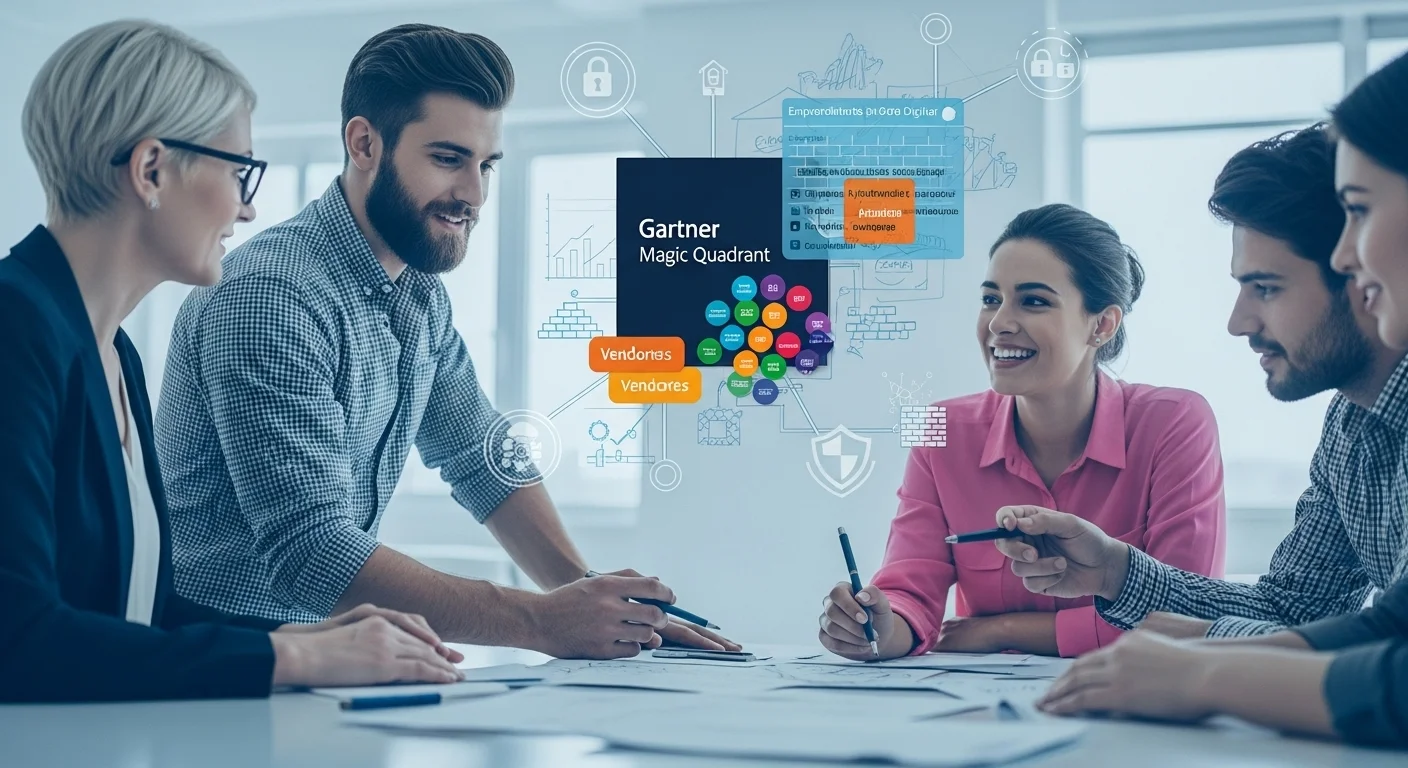 Un grupo de emprendedores colaborando en una startup, con gráficos del cuadrante mágico de Gartner y símbolos de ciberseguridad superpuestos.