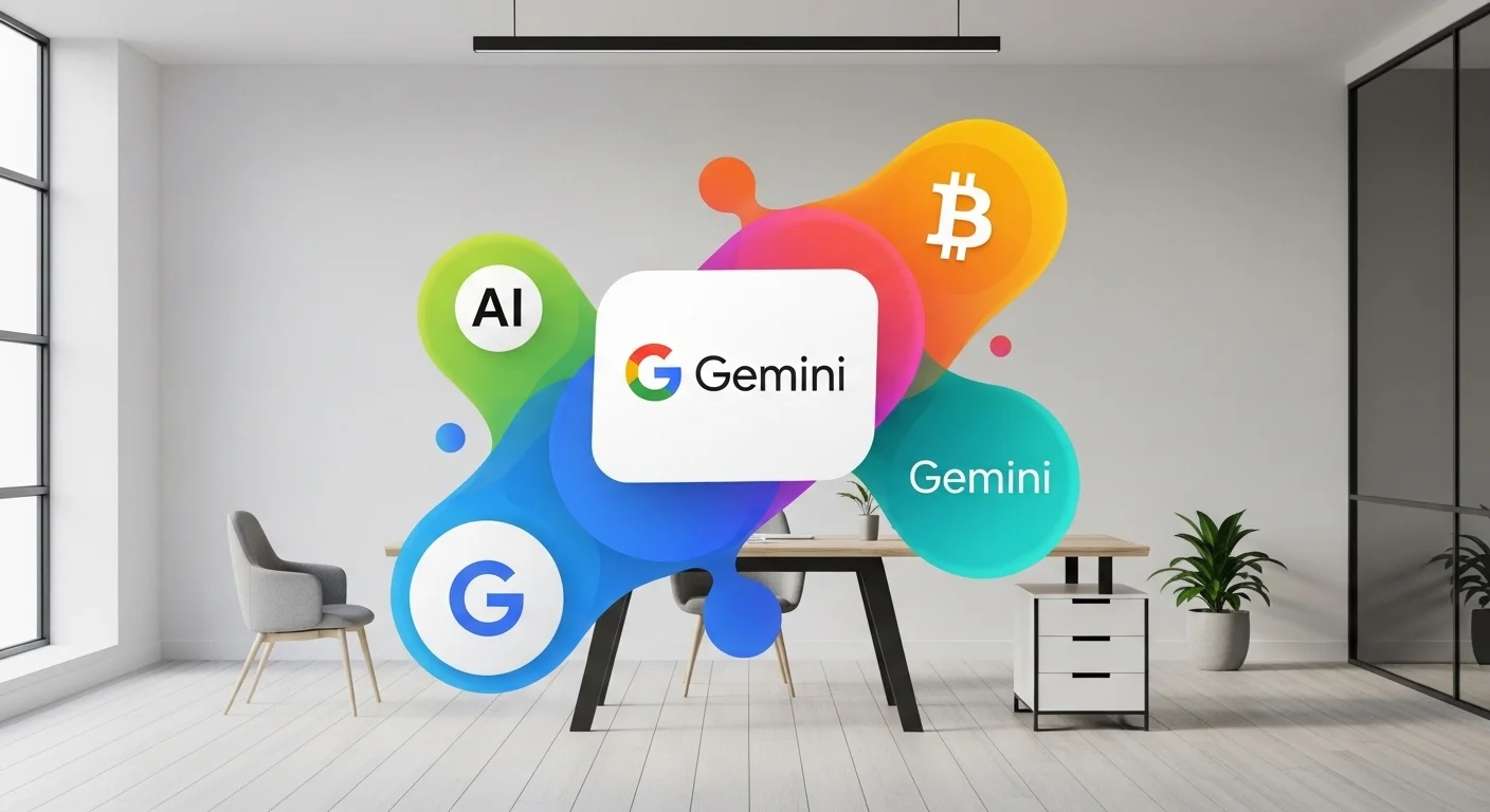 Visualización conceptual del emprendimiento en México con íconos de IA y criptomonedas, representando la fusión de Google Gemini y el exchange Gemini.