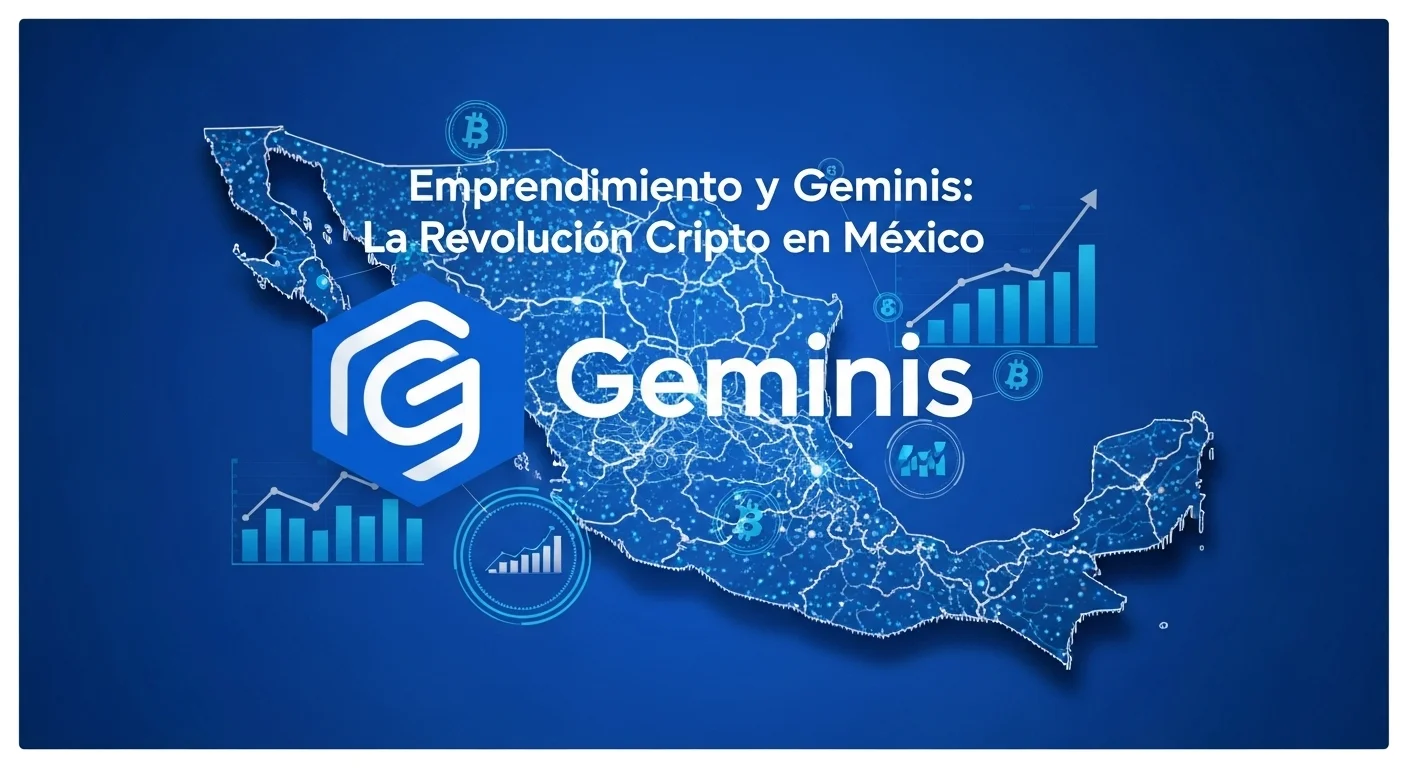 Una imagen conceptual que muestra el logo de Geminis fusionado con un mapa de México y gráficos de crecimiento, simbolizando el impacto de las criptomonedas en las startups mexicanas.