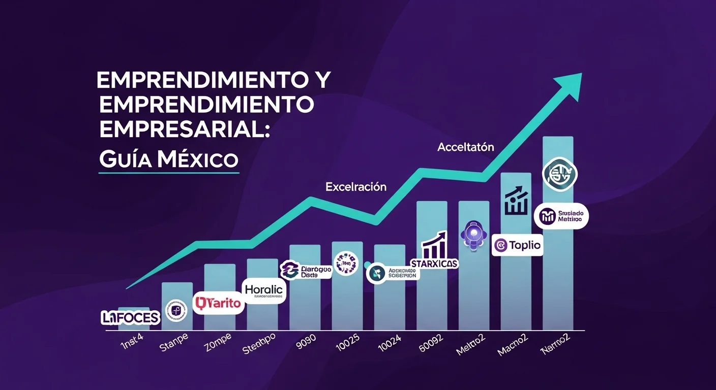Gráfico ascendente que muestra el crecimiento del ecosistema de startups en México, con logos de empresas y aceleradoras.