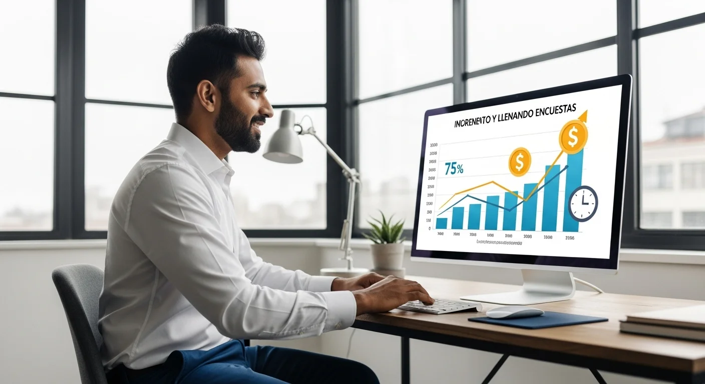 Gráfico mostrando el potencial de crecimiento de ingresos en un trabajo llenando encuestas como emprendimiento, con iconos de dinero y tiempo.