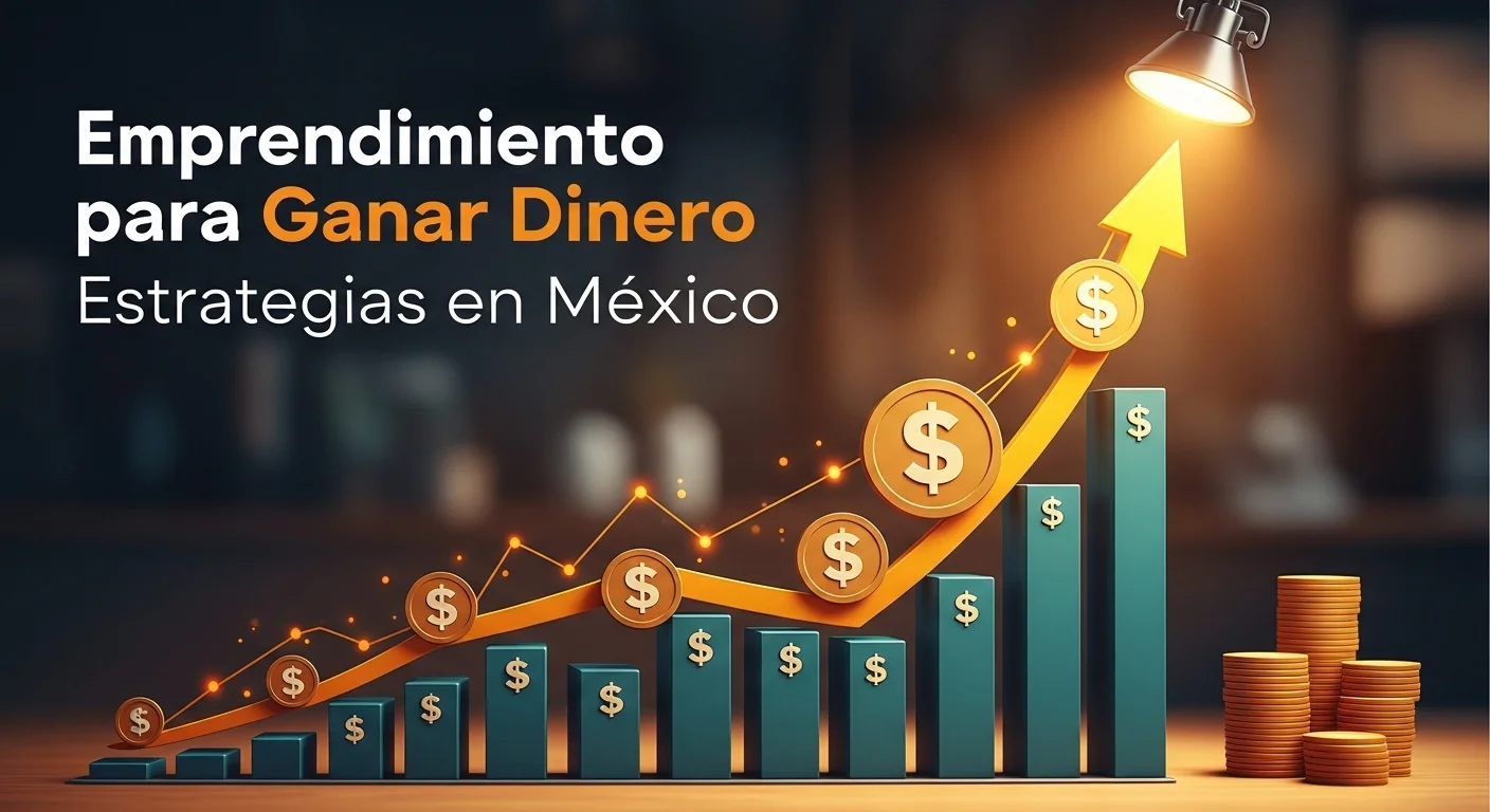 Gráfico ascendente con símbolos de-pesos mexicanos y un foco, representando el concepto de invertir y ganar dinero en el emprendimiento.