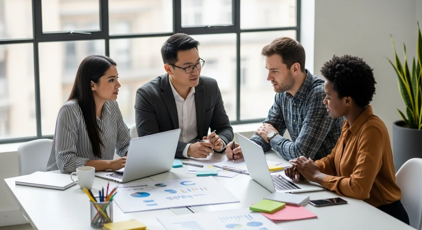 Un grupo diverso de emprendedores colaborando en una oficina moderna, representando el poder del grupo en el emprendimiento y las startups