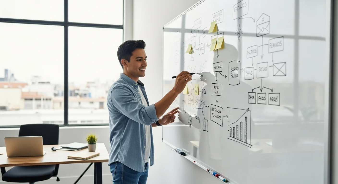 Emprendedor mexicano planeando en una pizarra blanca las estrategias para abrir un negocio, simbolizando el emprendimiento y la planificación.