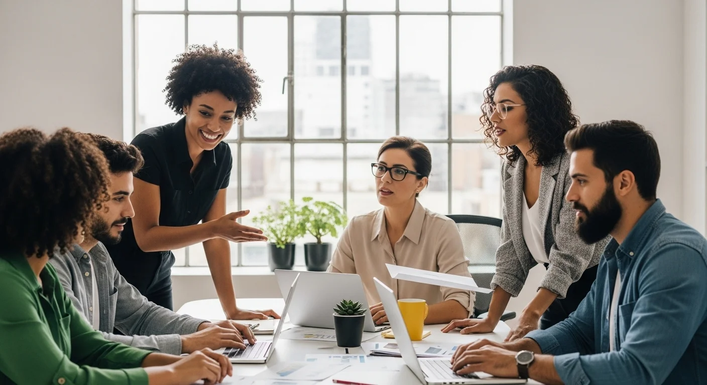 Un grupo diverso de emprendedores mexicanos colaborando en una oficina moderna, simbolizando el ecosistema de startups y el emprendimiento en México.