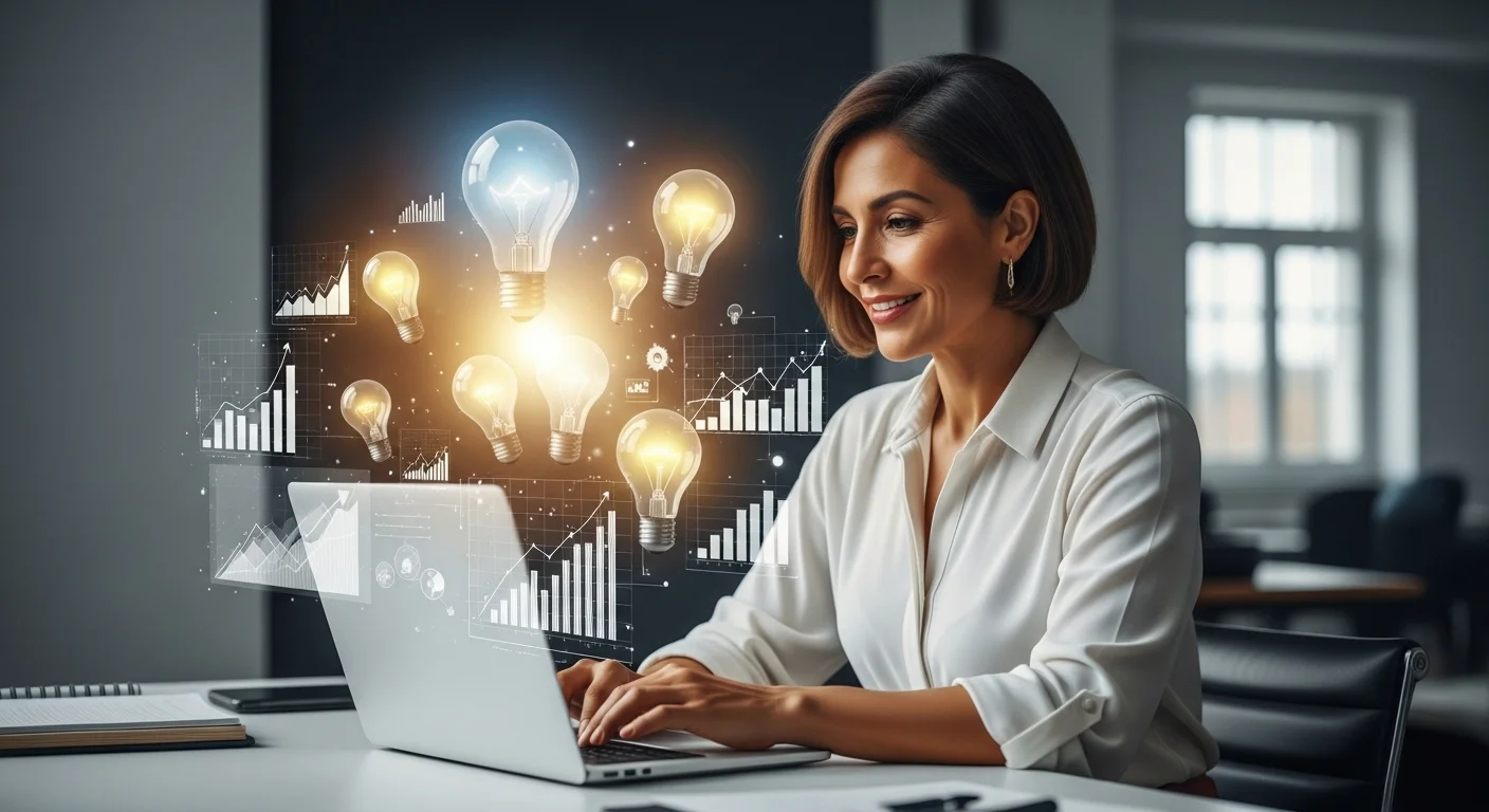 Una persona trabajando en una laptop con gráficos de crecimiento y bombillas de ideas, simbolizando el emprendimiento y las startups.