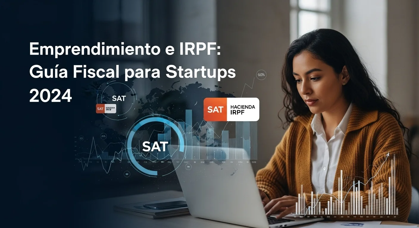 Una emprendedora en su laptop planeando la estrategia fiscal de su startup, con gráficos de crecimiento y logos del SAT (hacienda irpf) en el fondo.
