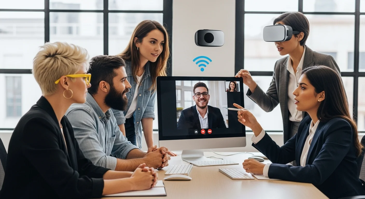 Equipo de emprendedores de una startup mexicana colaborando en un espacio de trabajo moderno, combinando reuniones presenciales con videoconferencias, representando el híbrido modal.