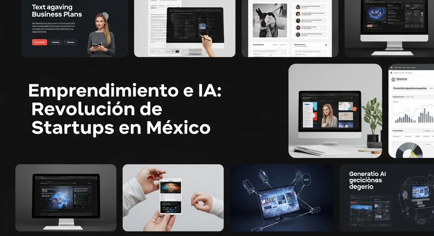 Collage de herramientas de IA generativa, mostrando creación de texto e imágenes para ilustrar su aplicación en el emprendimiento y los negocios.