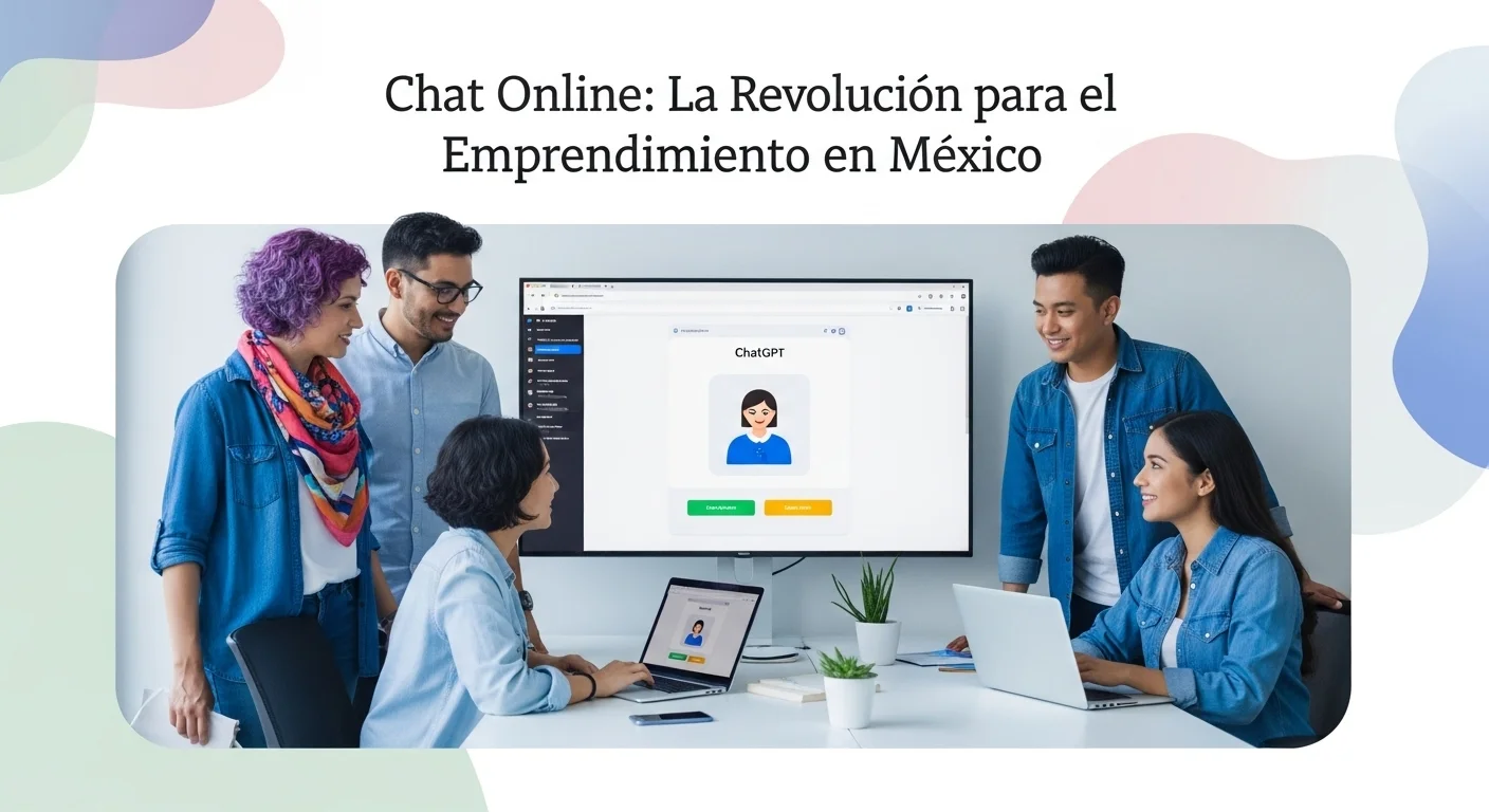 Equipo de una startup mexicana colaborando alrededor de una pantalla que muestra una interfaz de chat gpt online, planeando estrategias de negocio.