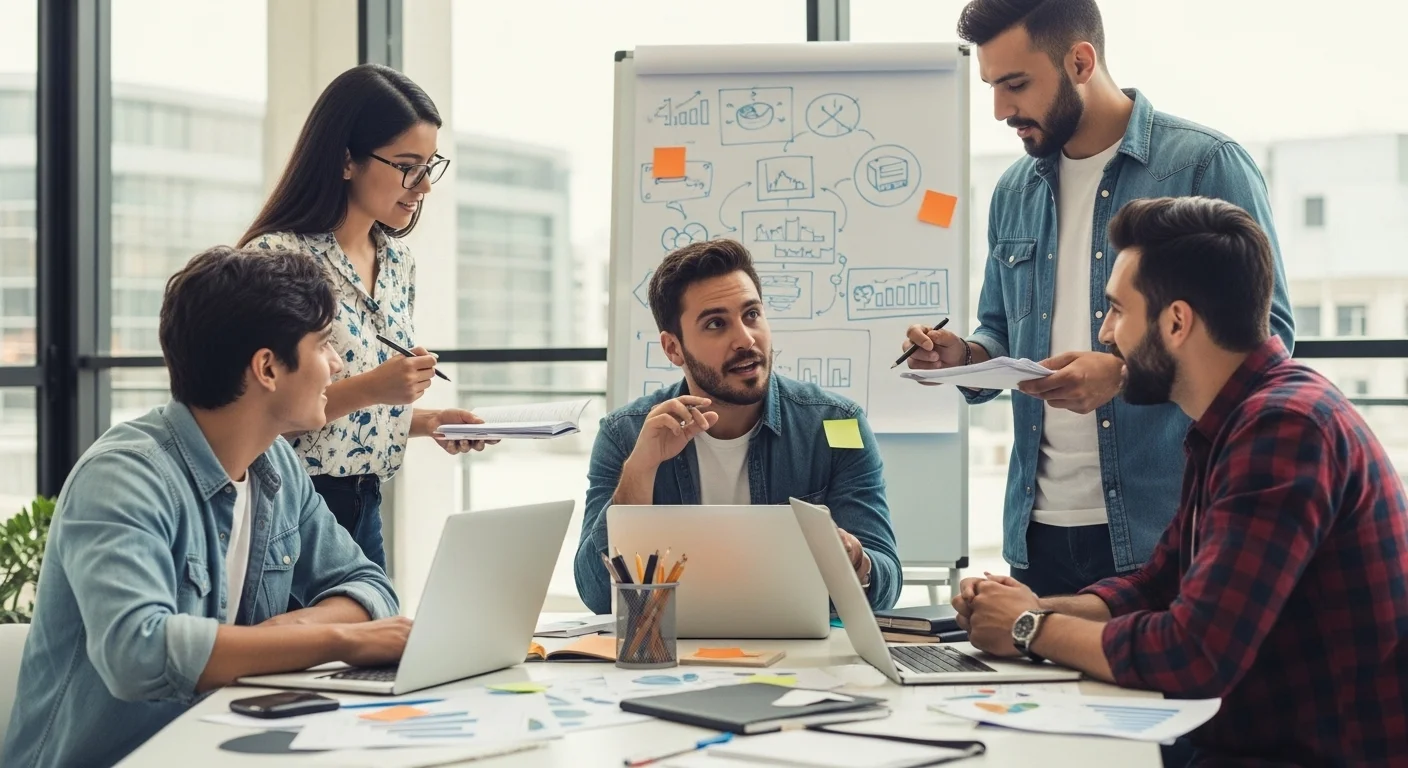 Equipo de emprendedores colaborando en la oficina de su startup en México, discutiendo ideas de negocio.
