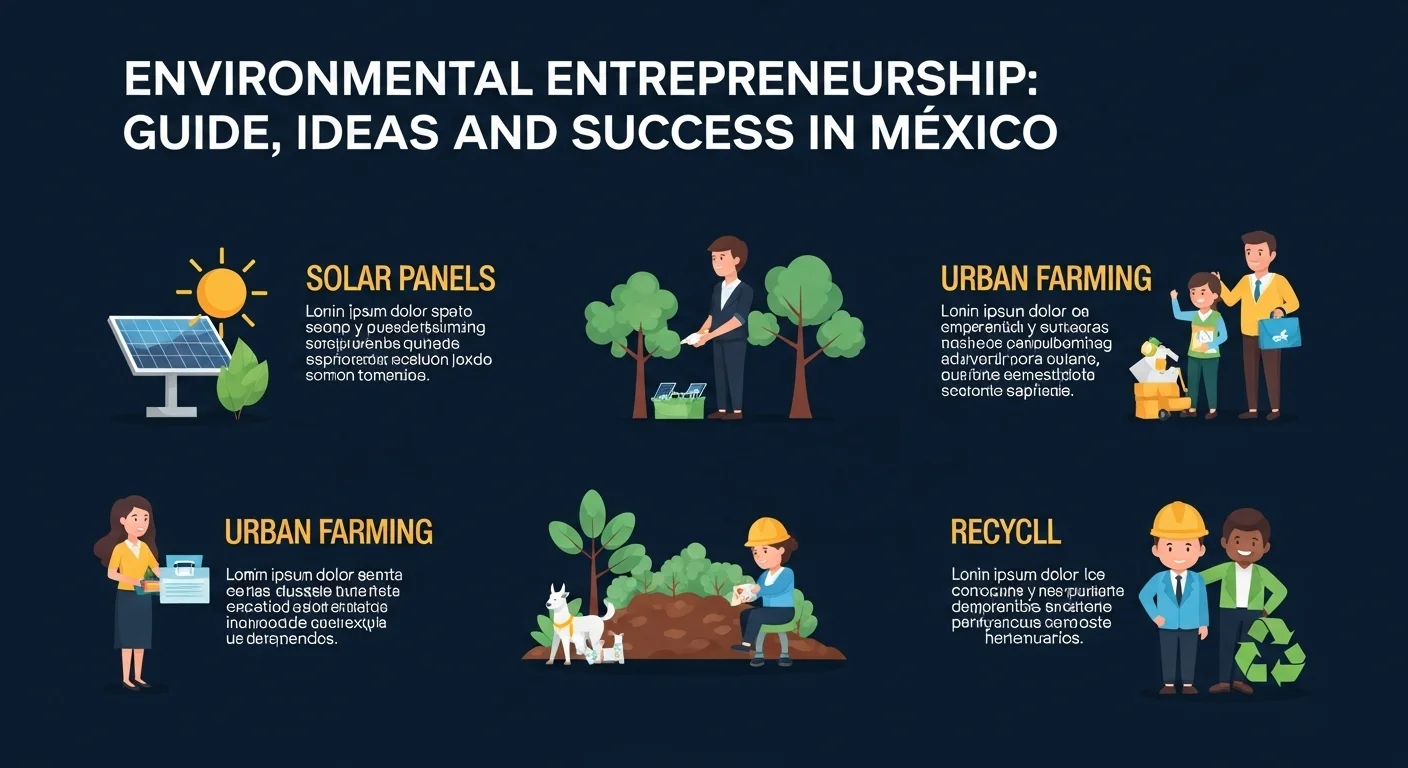 Una infografía que muestra varias ideas de negocio sostenible, como paneles solares, agricultura urbana y reciclaje, enfocada en el mercado mexicano de startups.