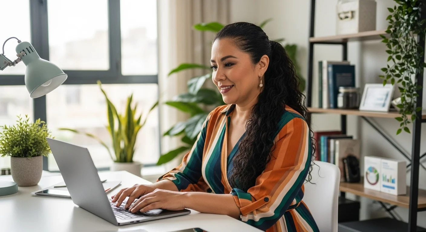 Mujer emprendedora trabajando desde casa en su laptop, gestionando su pequeño negocio online, representando las ideas de negocios en casa en México.