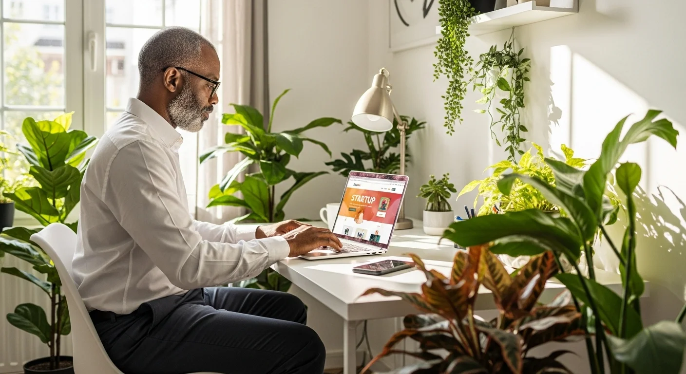 Una persona trabajando en una laptop desde su casa, rodeada de plantas, representando las ideas de emprendimiento desde casa.
