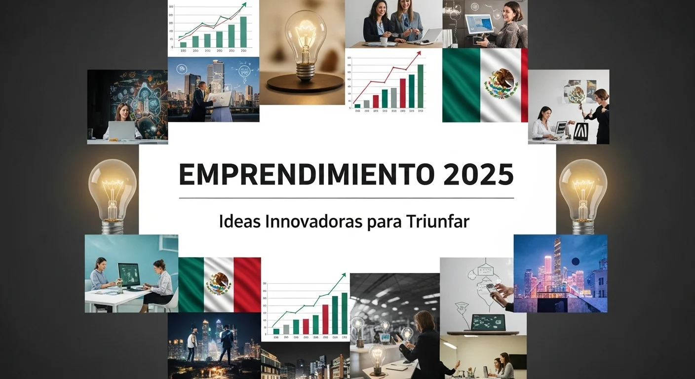 Collage de imágenes que representan ideas innovadoras y emprendimiento en México, con bombillas, gráficos de crecimiento y la bandera mexicana.