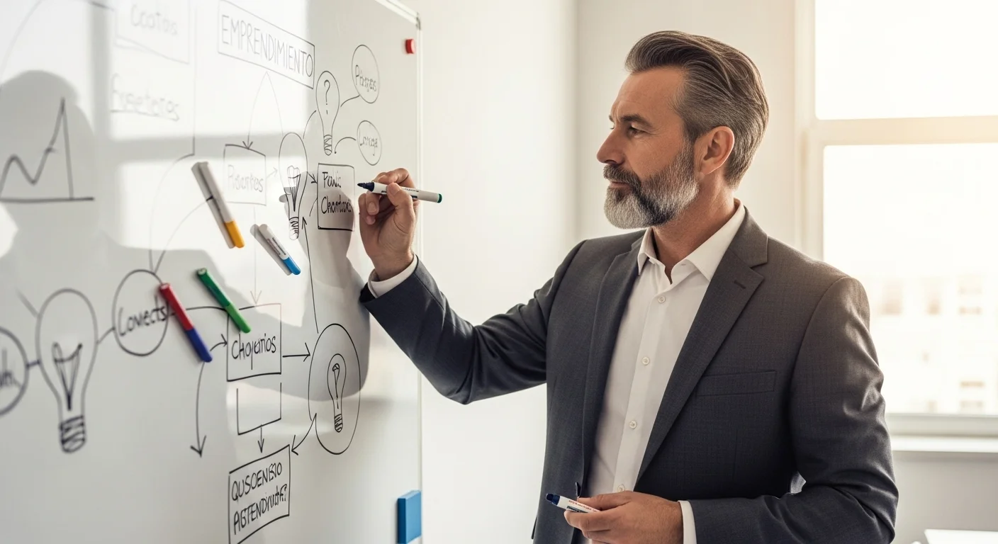 Una persona escribiendo en una pizarra ideas y diagramas, simbolizando la generación de ideas innovadoras para proyectos de emprendimiento.