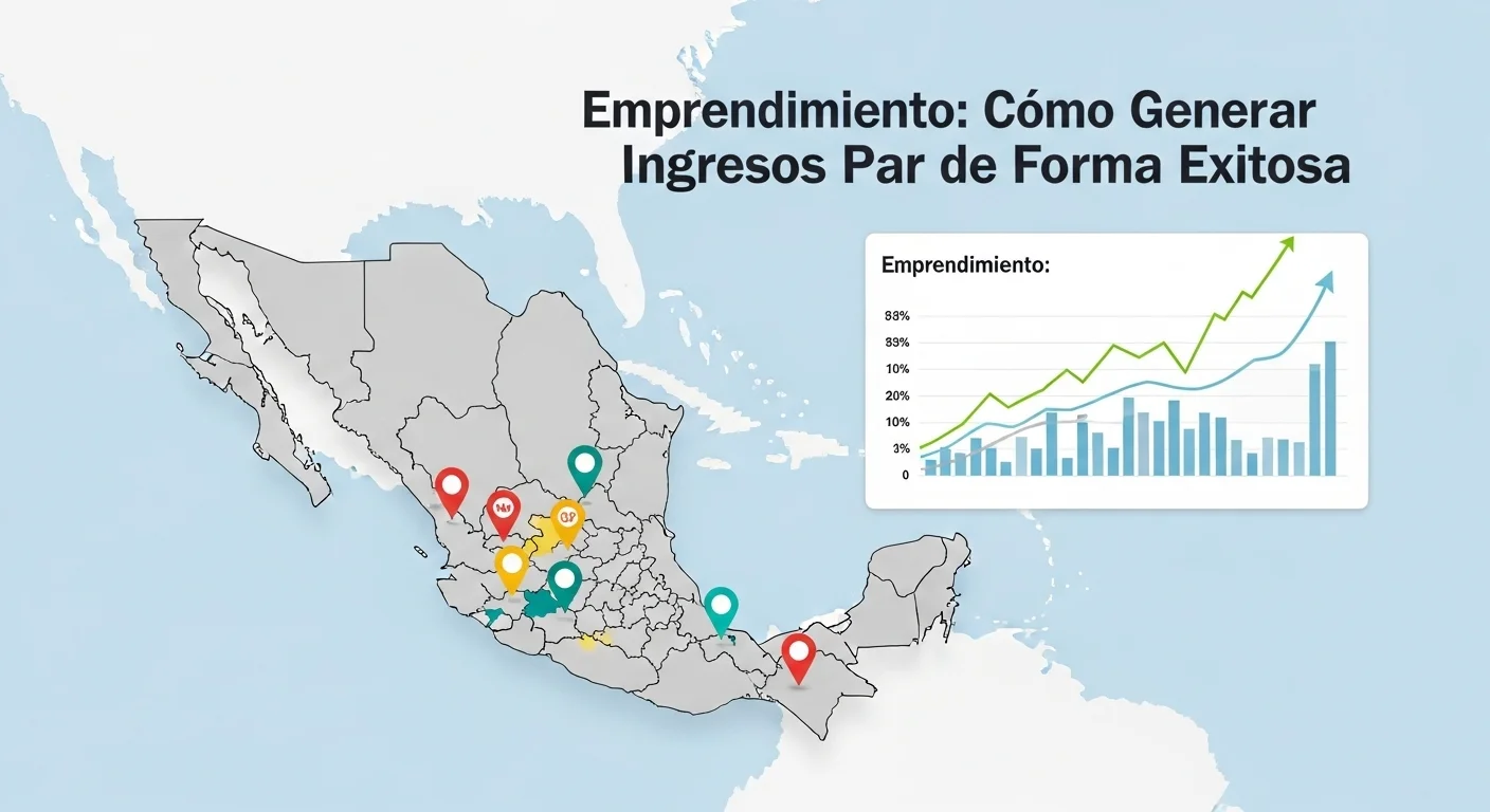 Gráficos de crecimiento sobre un mapa de México, representando las ideas sobre en qué invertir para generar ingresos dentro del ecosistema emprendedor del país.