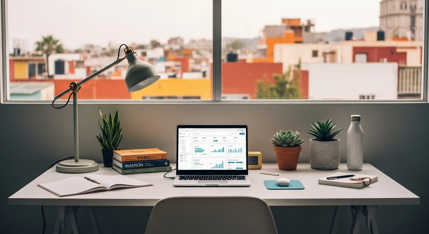 Escritorio de oficina en casa bien organizado, representando las ideas de negocios rentables 2024 desde casa en México.