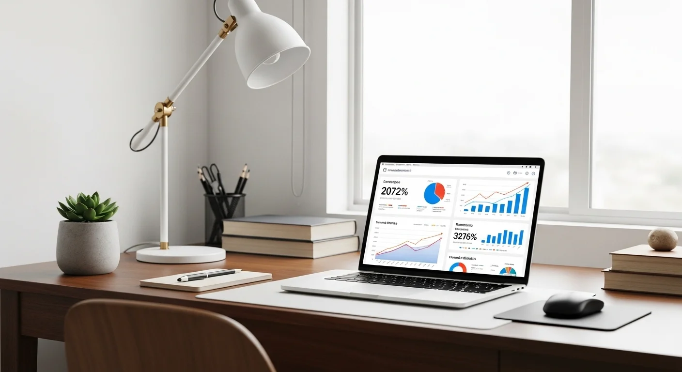 Escritorio de un negocio desde casa con una laptop mostrando gráficos de crecimiento, simbolizando ideas de negocios digitales rentables.
