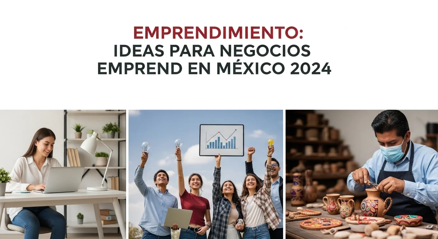 Collage de imágenes que representan diversas ideas de negocios y emprendimiento en México, incluyendo una persona trabajando desde casa, una startup tecnológica y un producto artesanal.