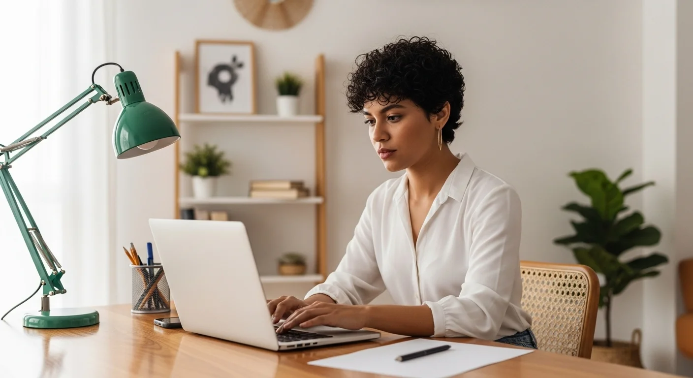 Persona trabajando desde casa en su laptop, representando ideas de negocios en casa exitosos para 2024 y el futuro del emprendimiento.