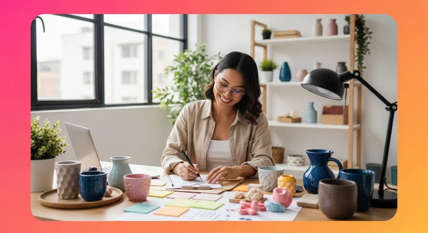 Una mujer planificando su negocio desde casa, rodeada de productos y notas, representando las ideas de negocios para mujeres y el emprendimiento.