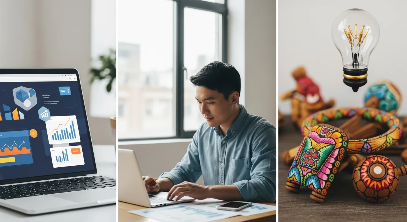 Collage de imágenes que representan diversas ideas para negocios, incluyendo una laptop con gráficos, una persona trabajando en una startup y un producto artesanal mexicano.