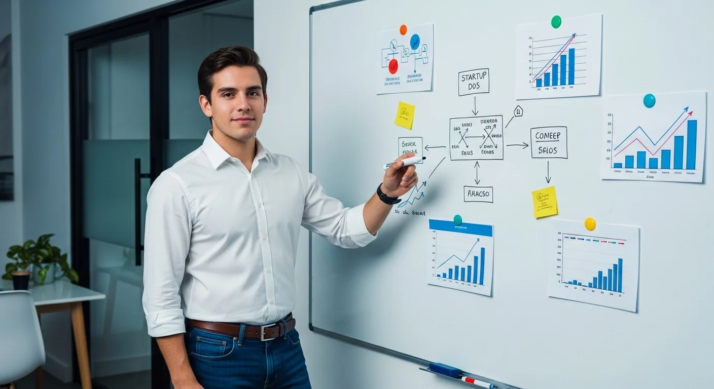 Ingeniero frente a un pizarrón con diagramas de flujo y gráficos de crecimiento, simbolizando el emprendimiento en ingeniería.