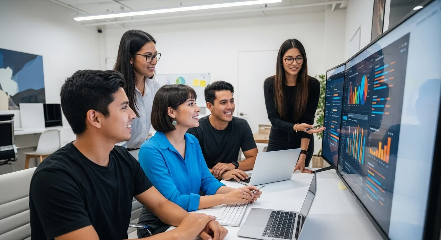 Grupo de jóvenes emprendedores mexicanos en una oficina moderna tipo startup, colaborando frente a una pantalla con gráficos y datos, simbolizando el emprendimiento y la innovación digital.