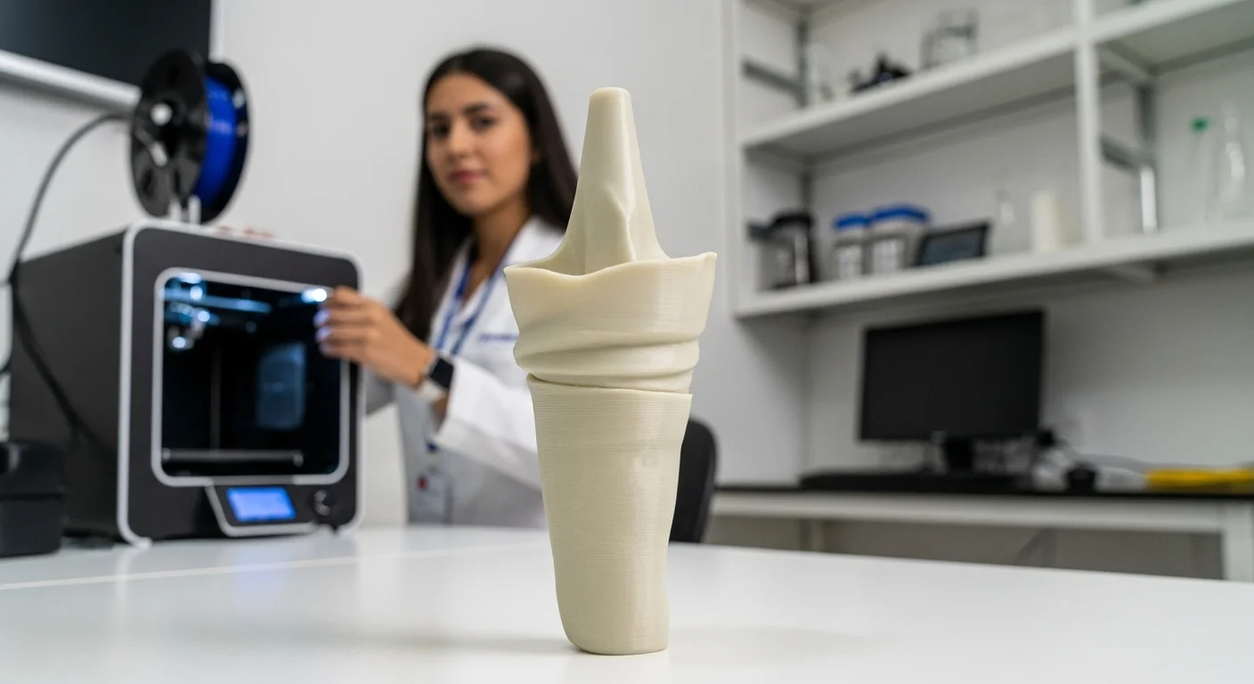 Primer plano de un dispositivo médico innovador, como un implante ortopédico impreso en 3D, en un entorno de laboratorio o startup.