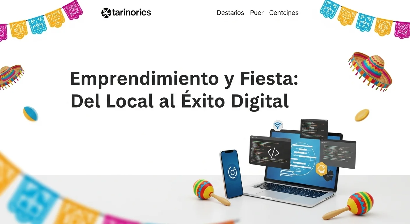 Imagen que fusiona elementos de una fiesta mexicana tradicional con íconos de tecnología y emprendimiento, simbolizando la innovación en el sector.