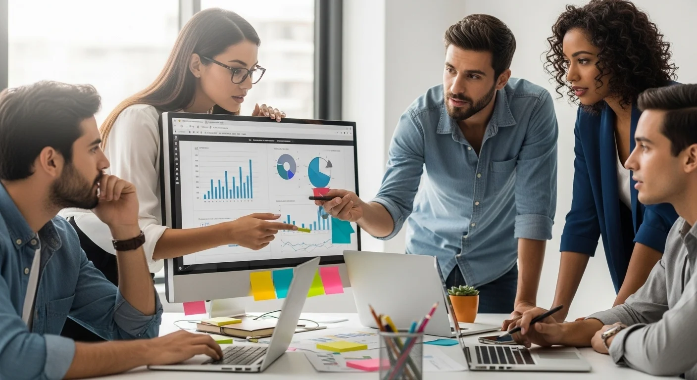 Emprendedores mexicanos en una sesión de brainstorming analizando datos de mercado de América Latina