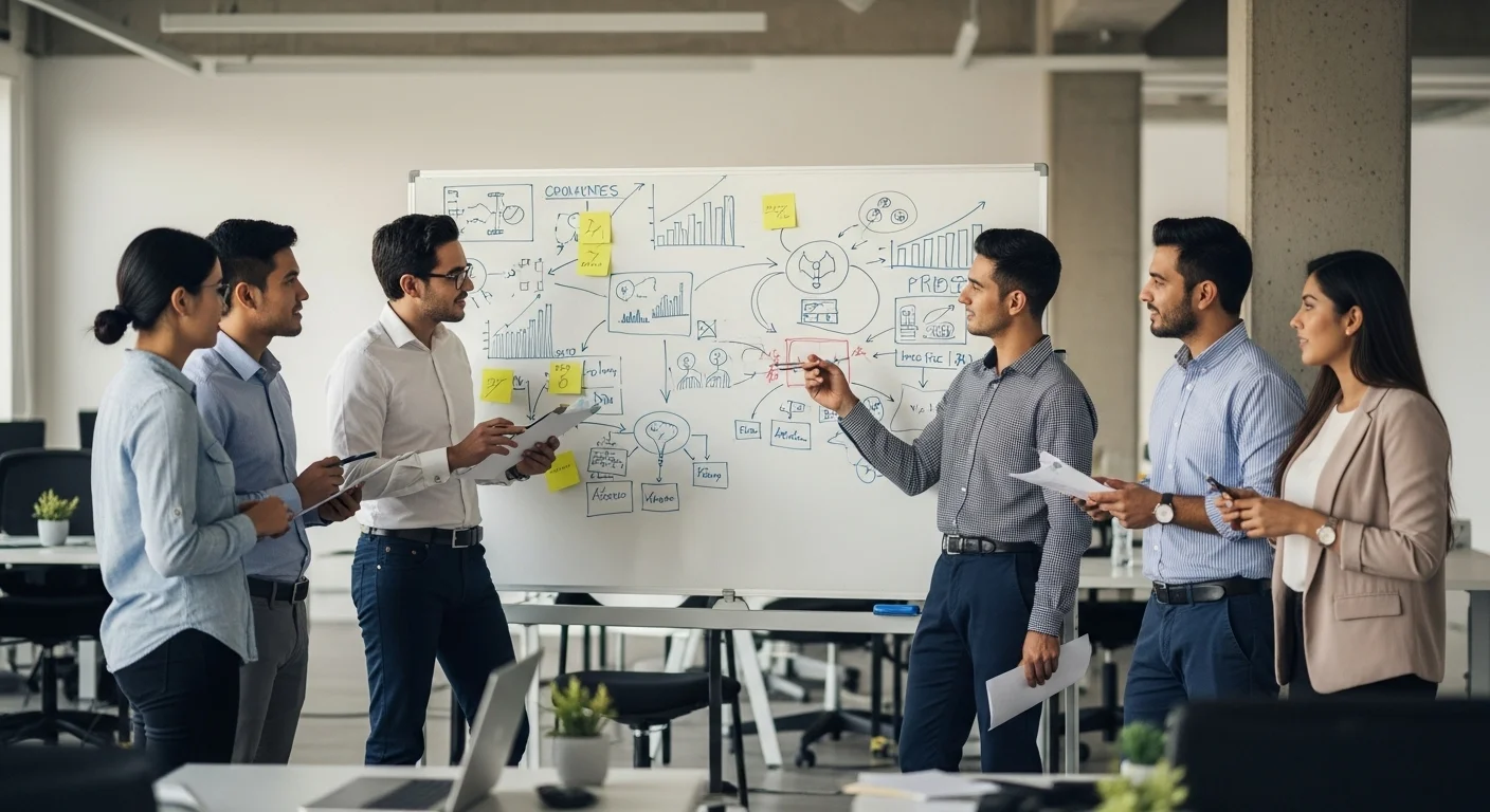 Equipo de una startup mexicana trabajando en una oficina moderna, discutiendo ideas frente a una pizarra con diagramas de innovación.