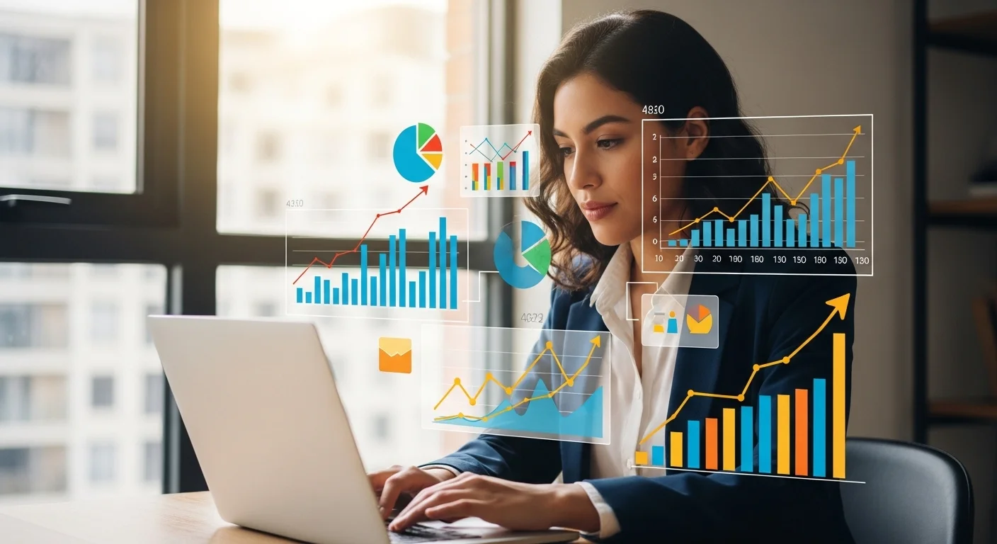 Una persona trabajando en una laptop con gráficos de crecimiento, simbolizando el emprendimiento digital y el éxito de una startup en México