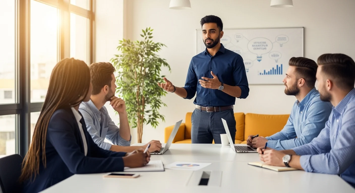 Intrapreneur presentando una idea de emprendimiento innovador a su equipo dentro de una oficina corporativa moderna, fomentando la colaboración.