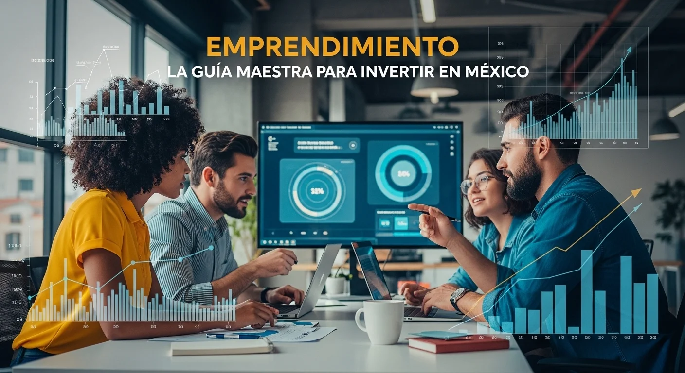 Una imagen que muestra el concepto de invertir en emprendimiento, con gráficos de crecimiento superpuestos sobre una escena de una startup mexicana trabajando.
