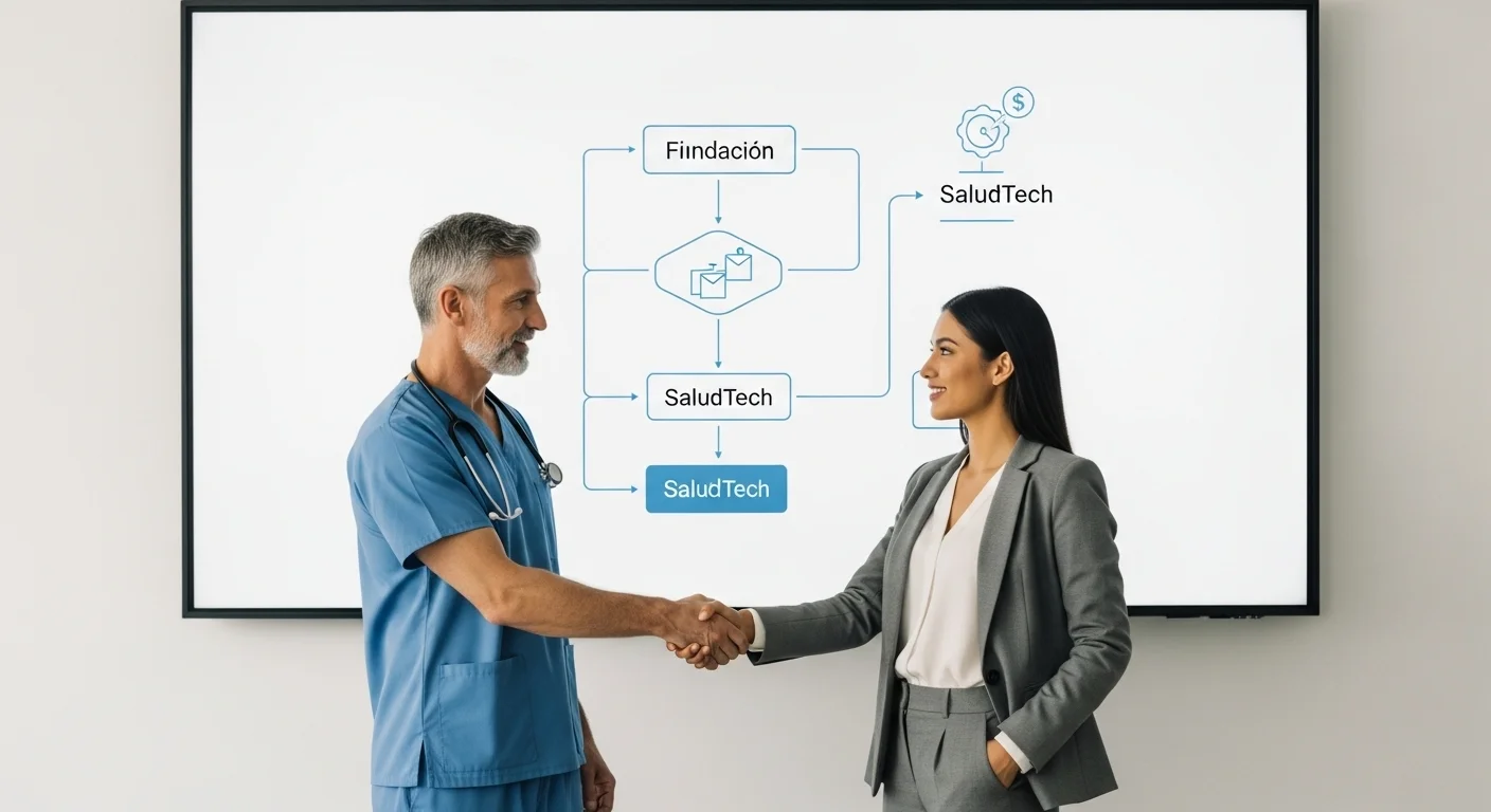 Un apretón de manos entre un médico y un inversionista frente a un diagrama de flujo de una startup, representando la financiación de healthtech en México.