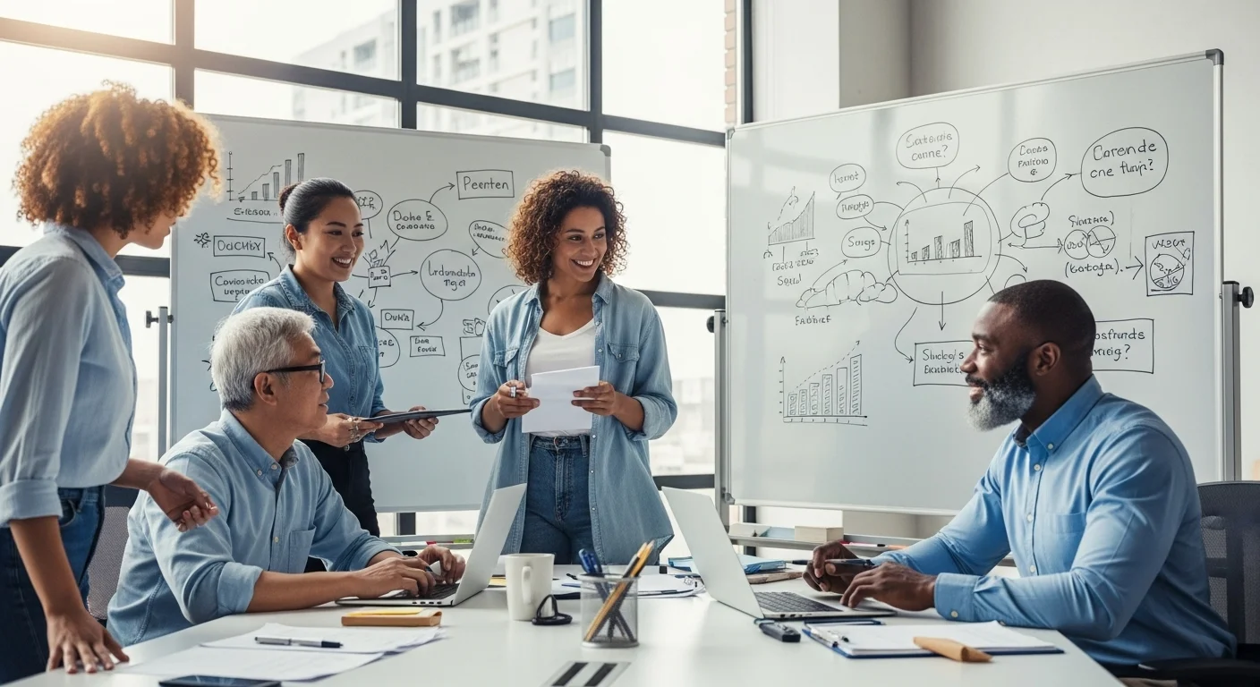 Un grupo diverso de emprendedores colaborando en una oficina moderna, con pizarras llenas de ideas y diagramas, representando la inversión en talento para ganar dinero.